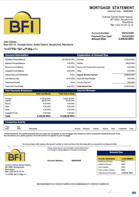 Mauritania Banque des Financements Islamiques (BFI) mortgage statement Word and PDF template